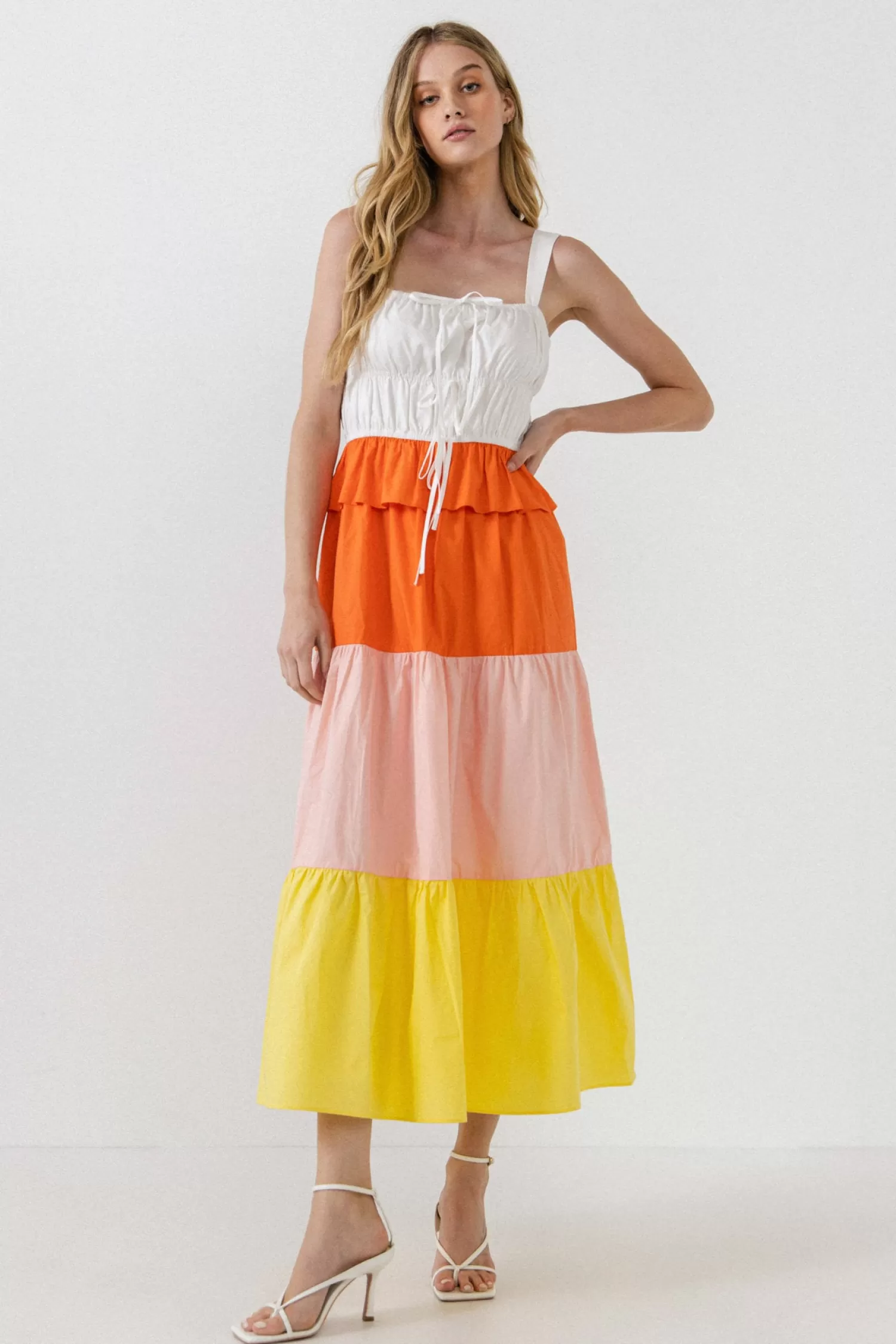 Clearance Color Block Tied Detail Shirring Dress Resort Ready | Midi Dresses