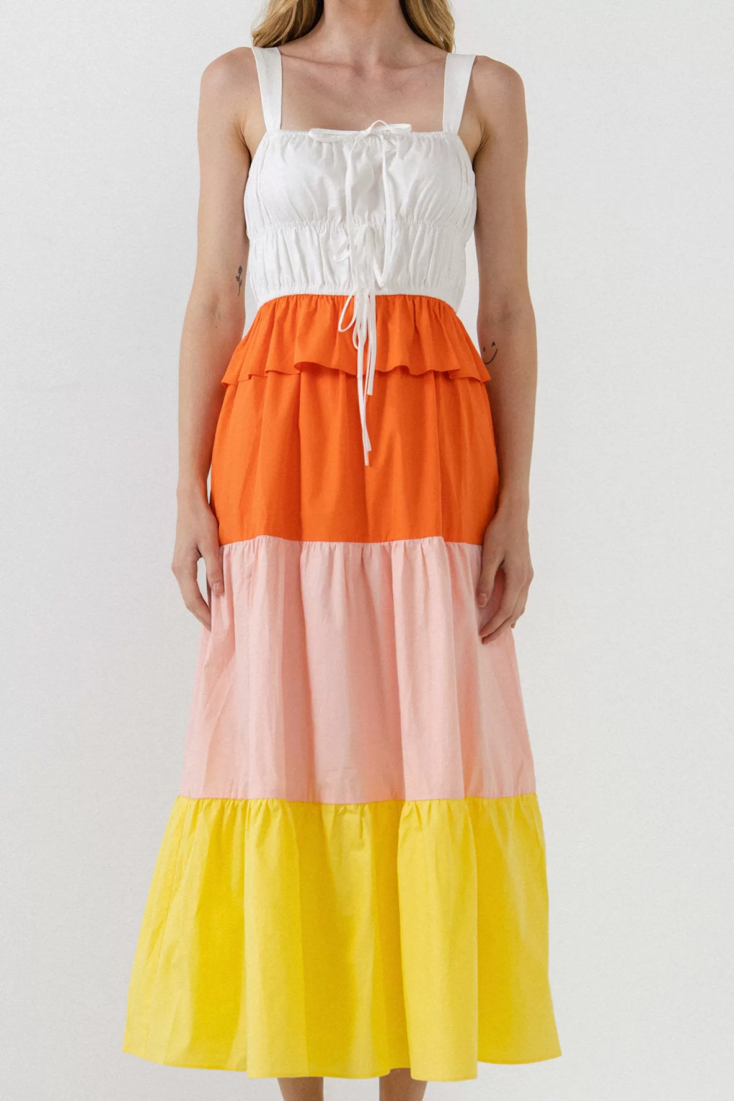 Clearance Color Block Tied Detail Shirring Dress Resort Ready | Midi Dresses