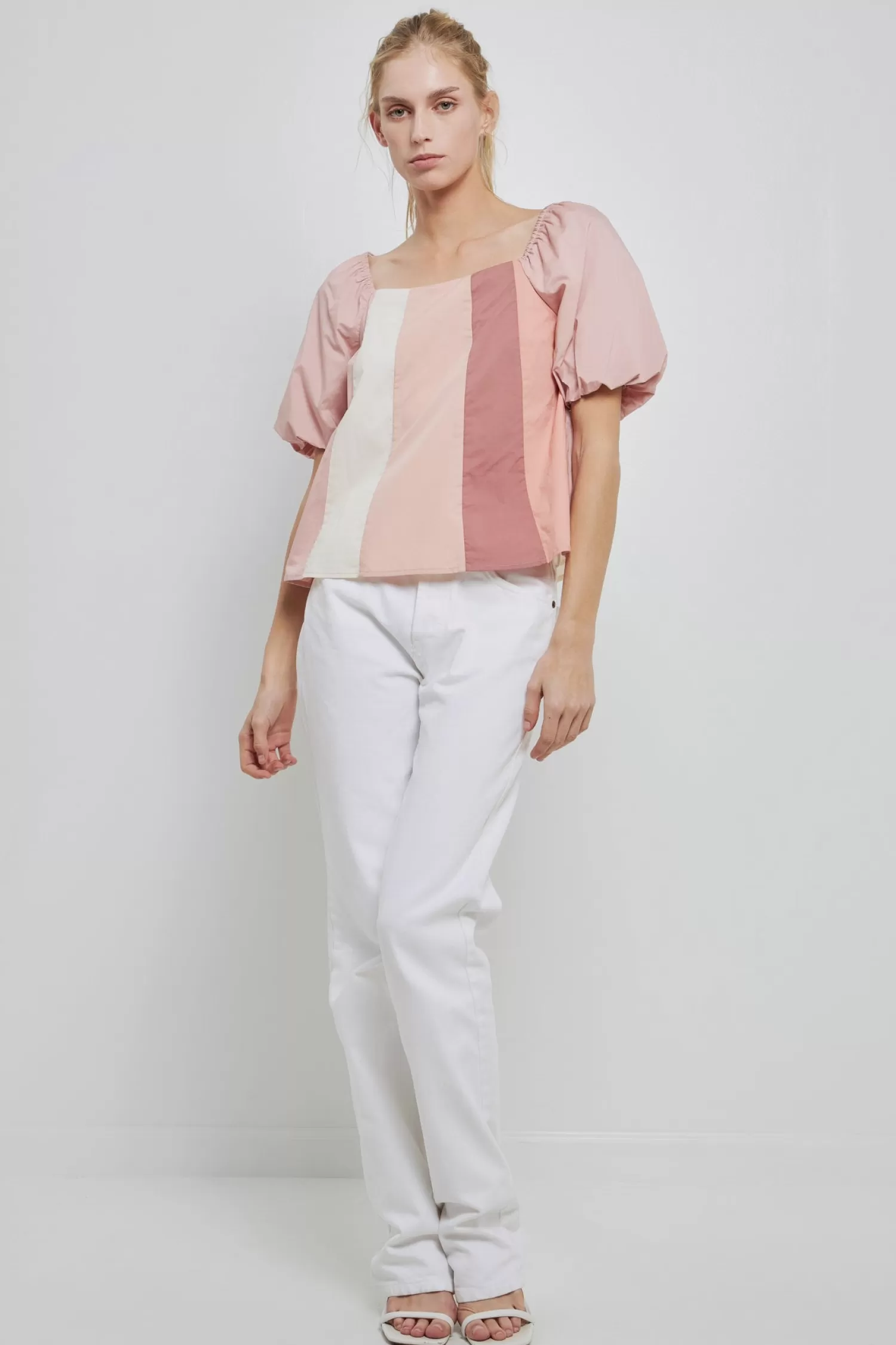Hot Color Blocked Top with Short Puff Sleeves Puff Sleeve Perfection | Tops