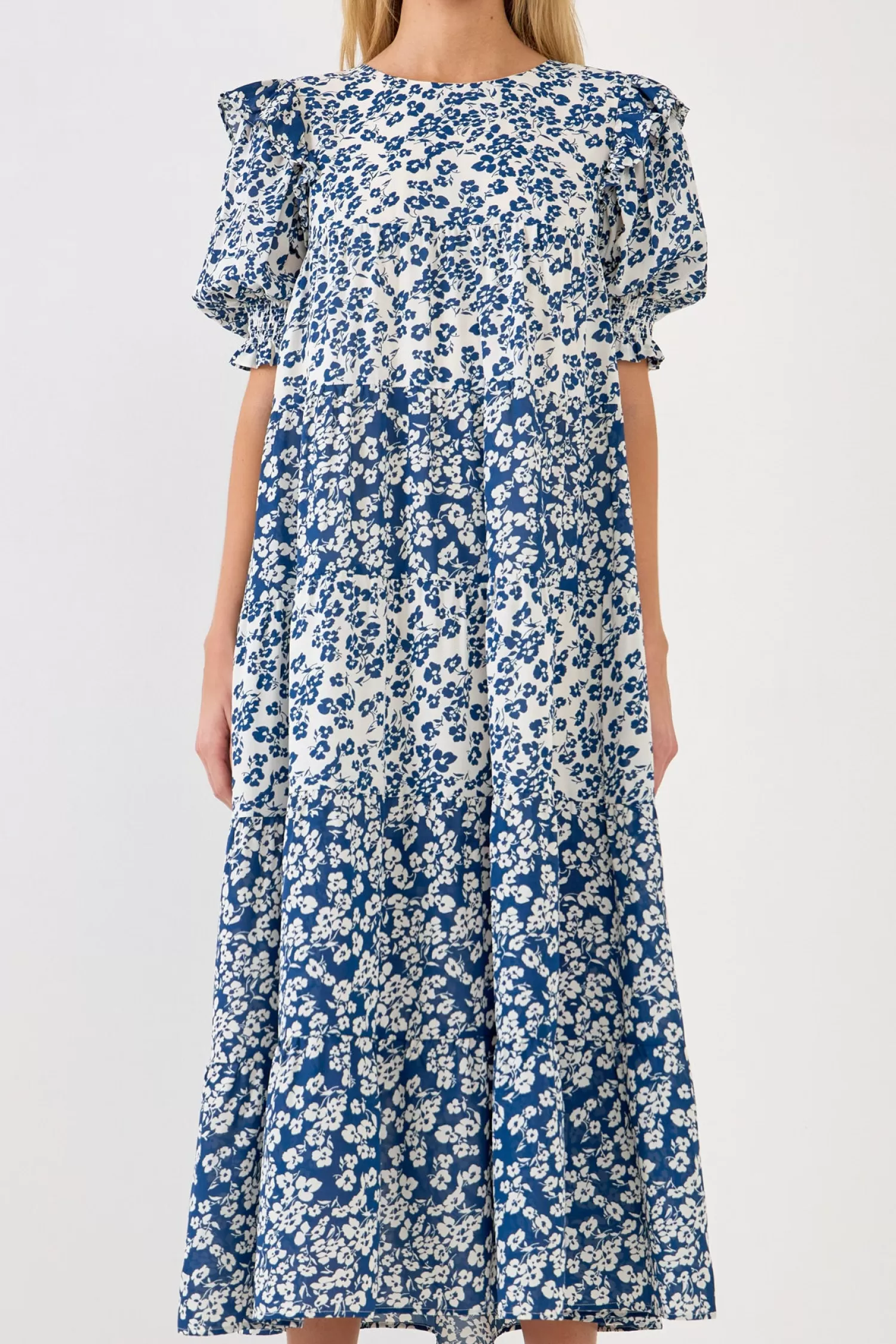 New Floral Color Block Midi Dress Midi Dresses | Puff Sleeve Perfection