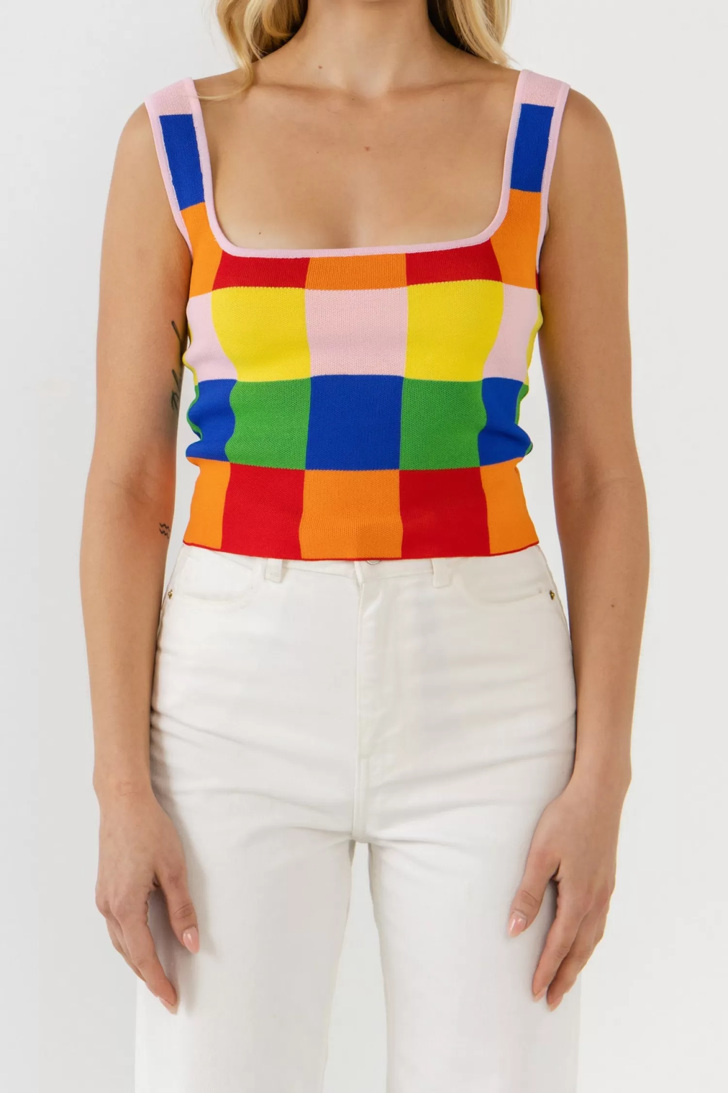 Hot Color Gingham Knit Cropped Top Tops | Sweaters & Knits
