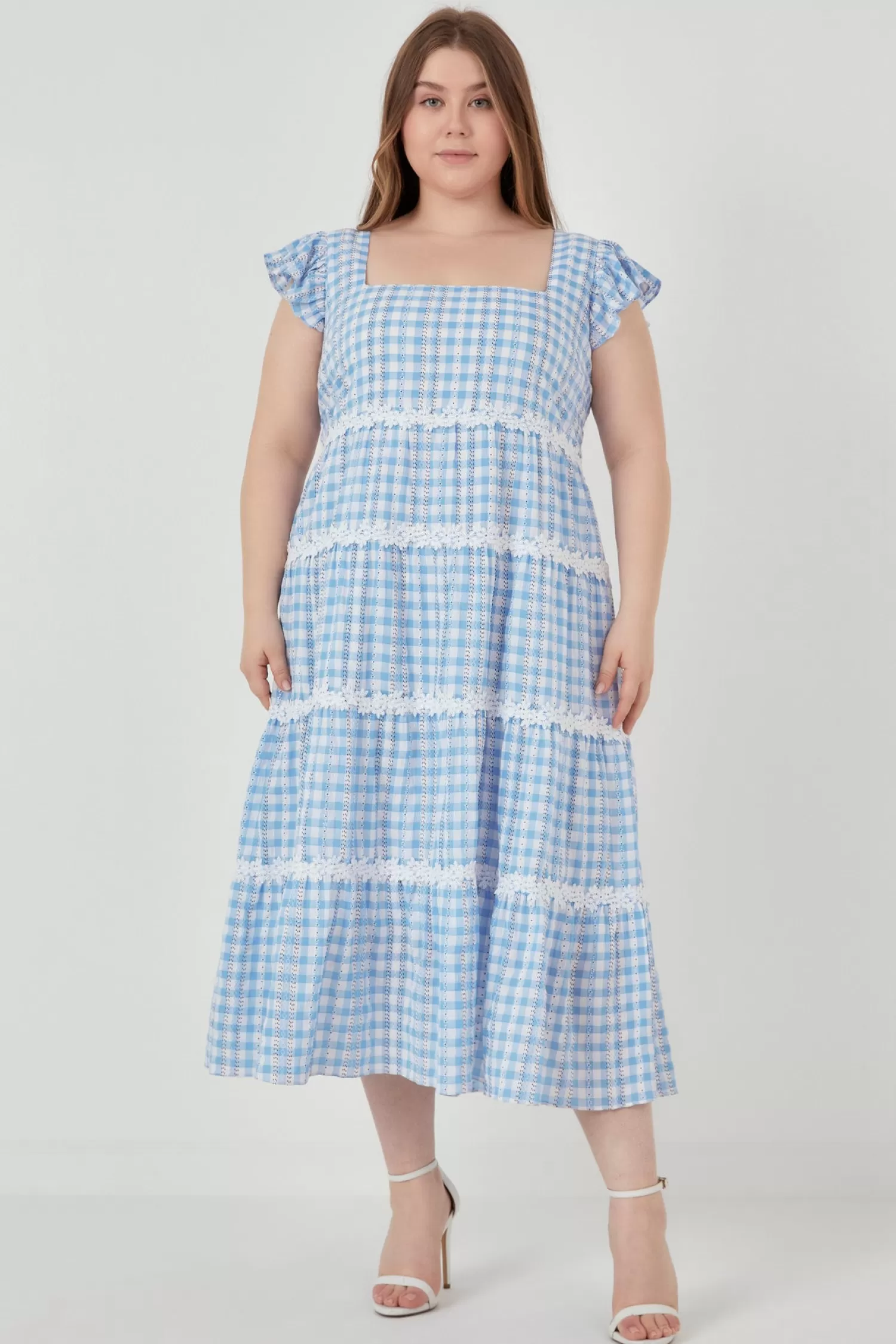 Online Plus Size Floral Lace Gingham Printed Midi Dress Frills And Thrills | Dresses