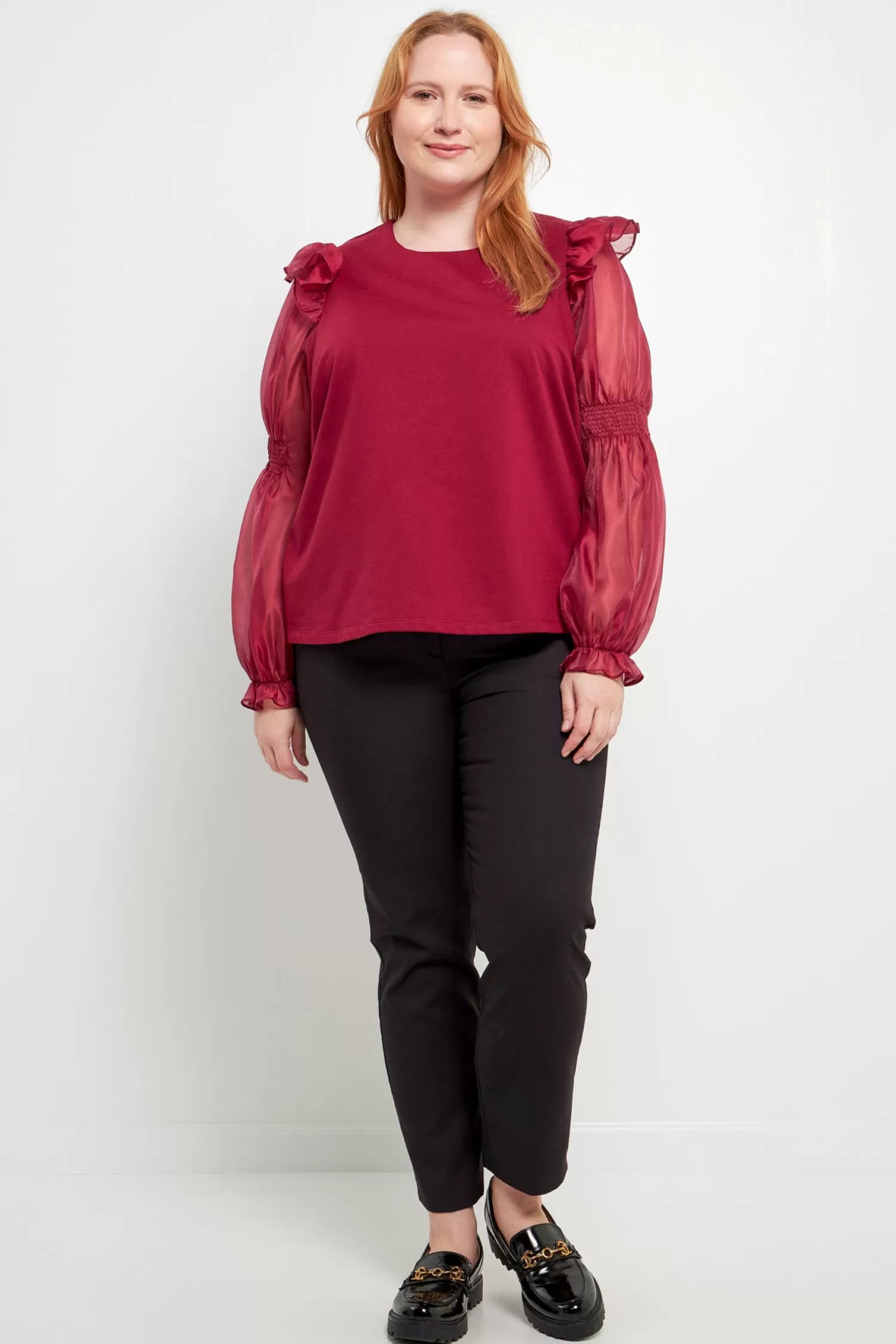 Hot Plus Size Organza Mixed Smocked Detail Long Sleeve Top Tops