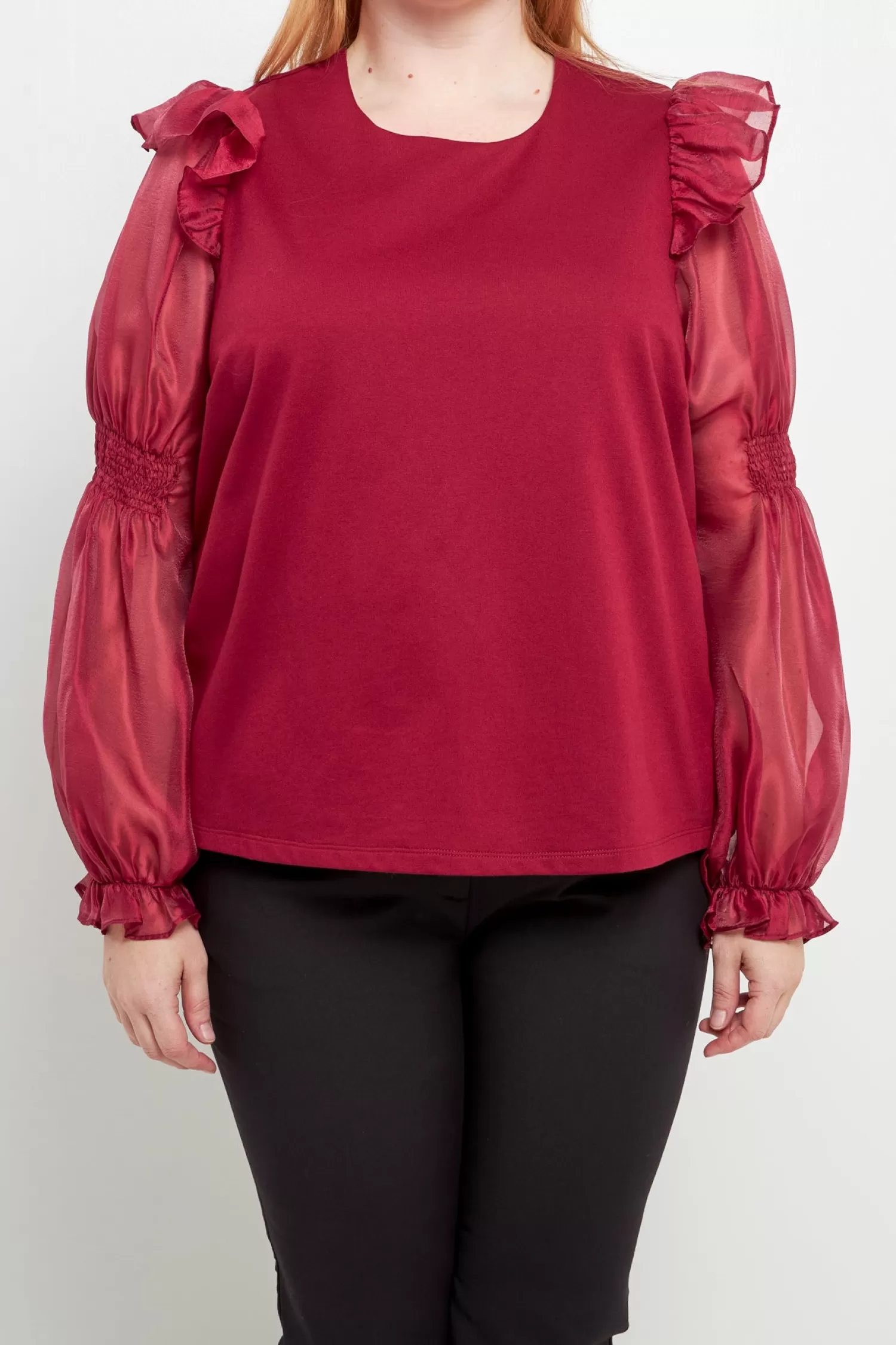 Hot Plus Size Organza Mixed Smocked Detail Long Sleeve Top Tops
