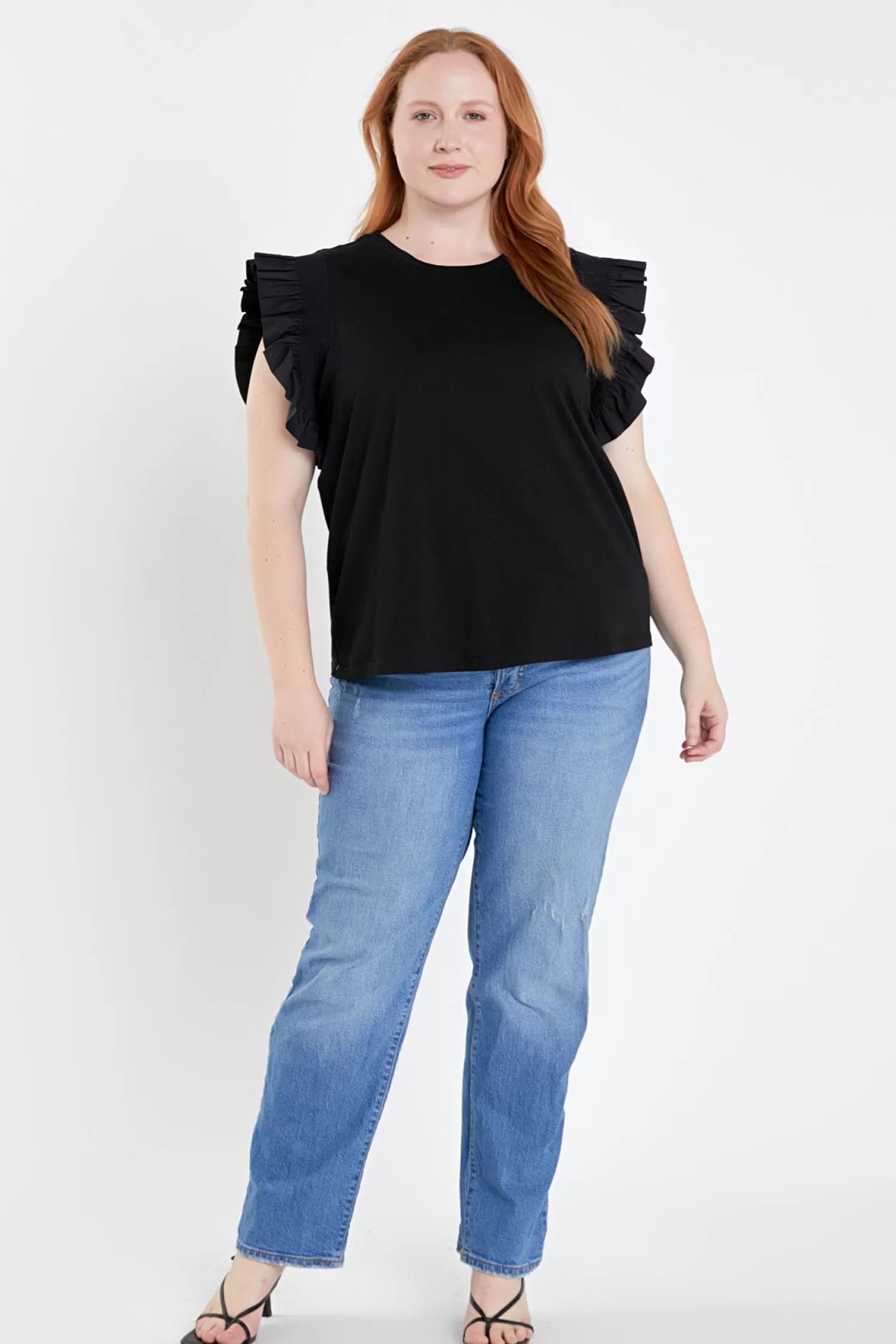 Cheap Plus Size Poplin Knit Mixed Ruffle Detail Top Best Sellers | Frills And Thrills