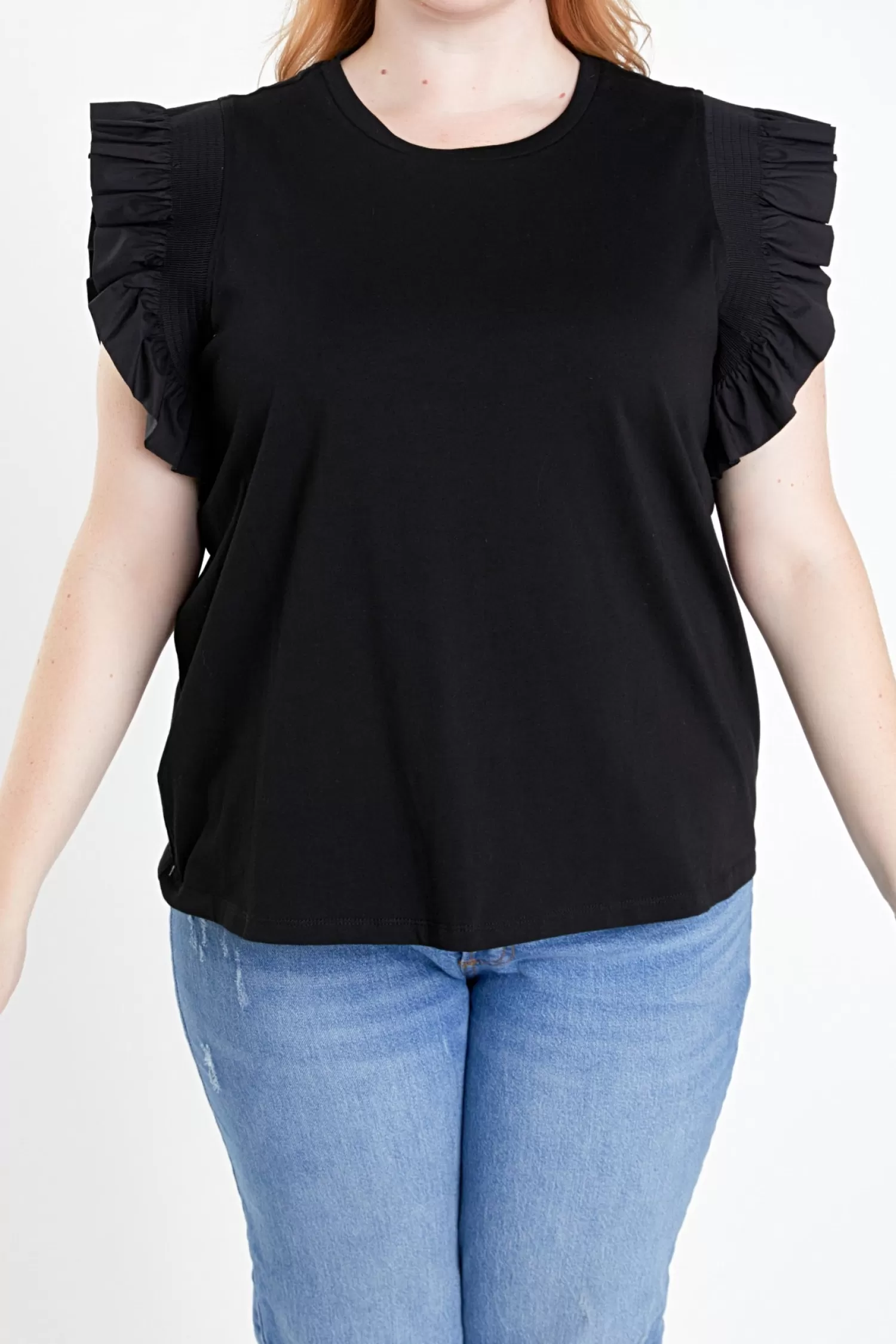 Cheap Plus Size Poplin Knit Mixed Ruffle Detail Top Best Sellers | Frills And Thrills