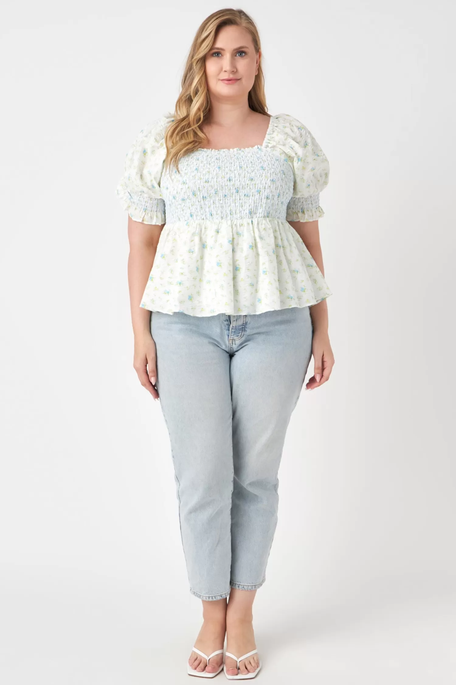 Cheap Plus Size Smocked Floral Puff Sleeve Top Plus Size | Tops