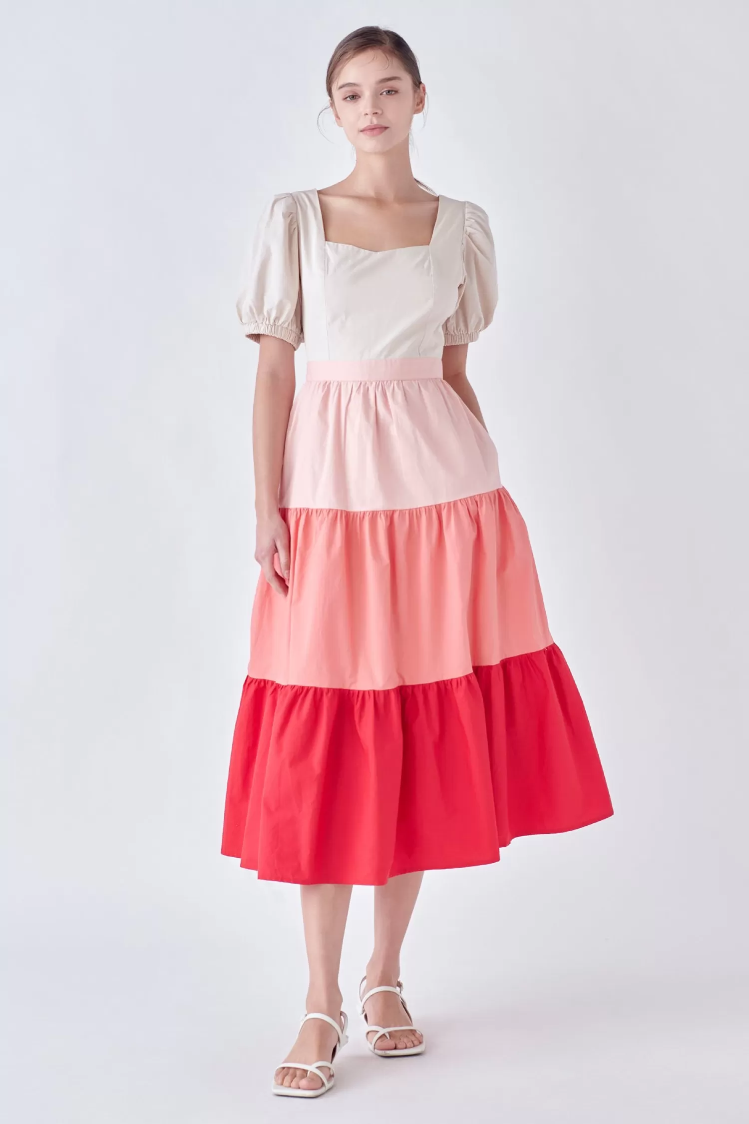 Sale SPO Color Block Puff Sleeve Tiered Midi Dress Special Occasion | Resort Ready