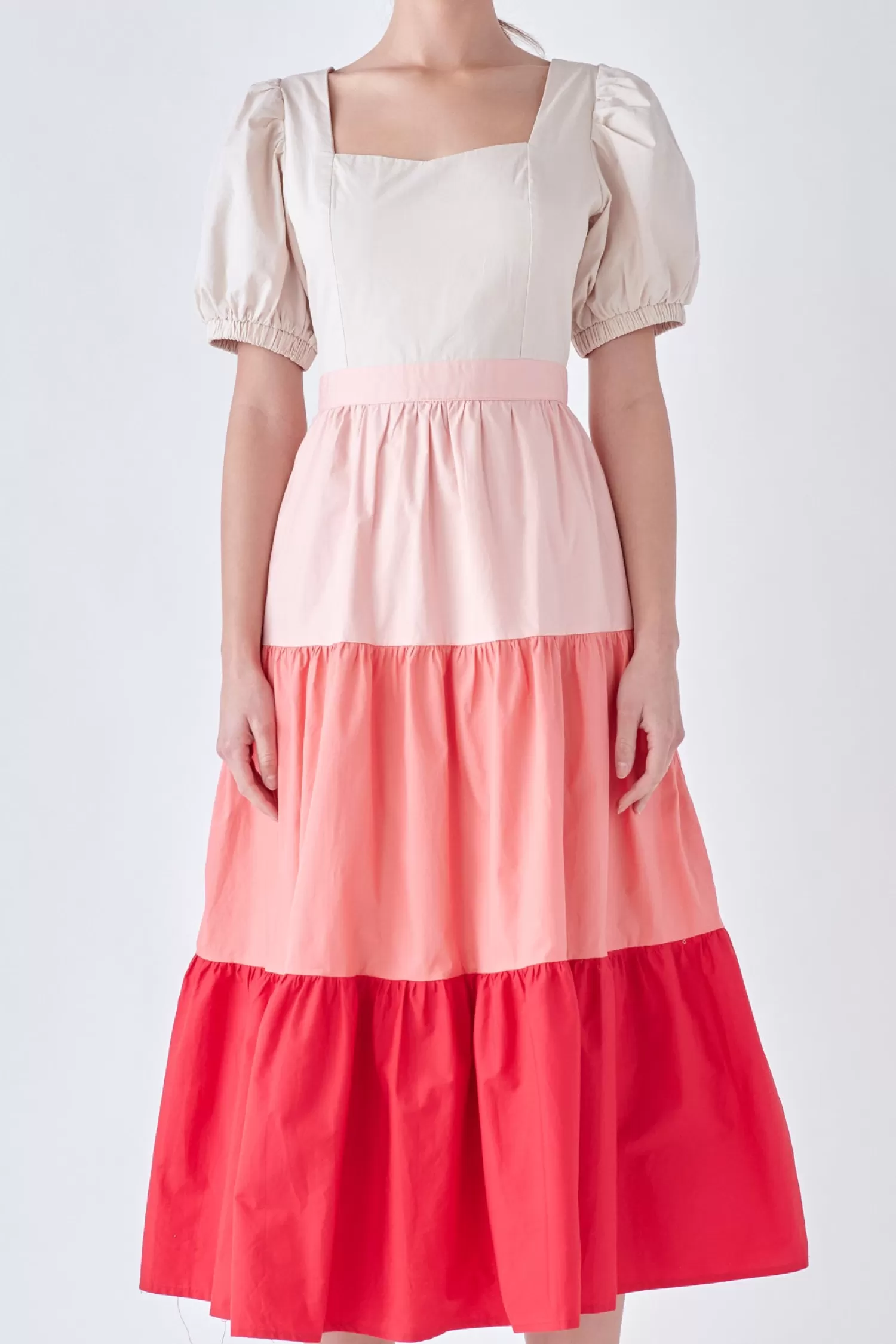 Sale SPO Color Block Puff Sleeve Tiered Midi Dress Special Occasion | Resort Ready