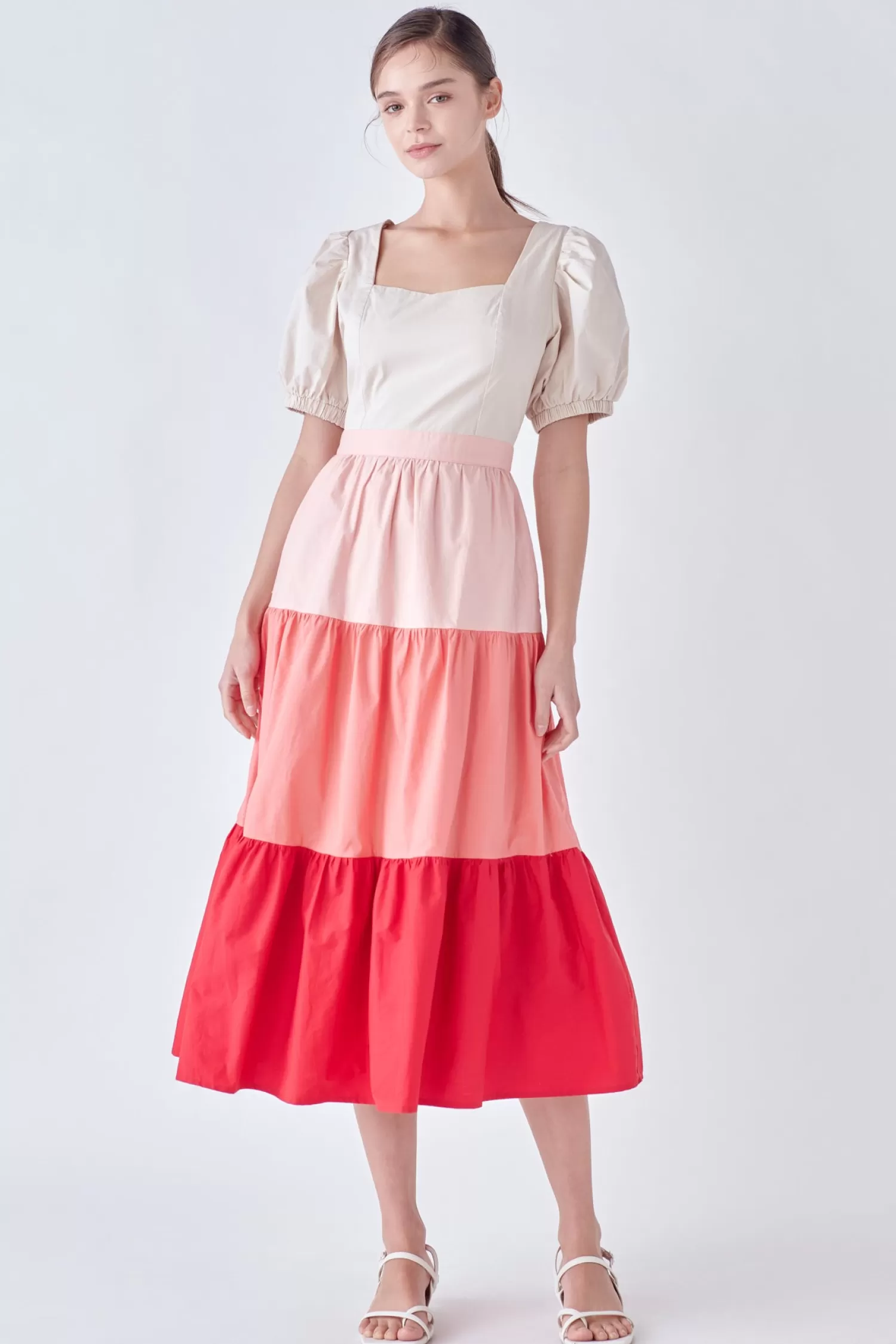 Sale SPO Color Block Puff Sleeve Tiered Midi Dress Special Occasion | Resort Ready