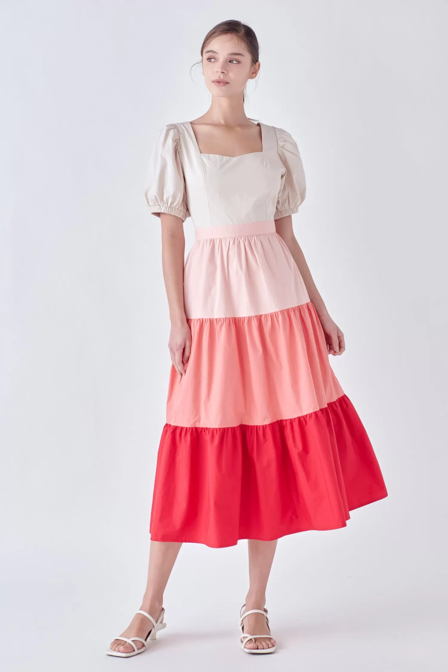 Sale SPO Color Block Puff Sleeve Tiered Midi Dress Special Occasion | Resort Ready