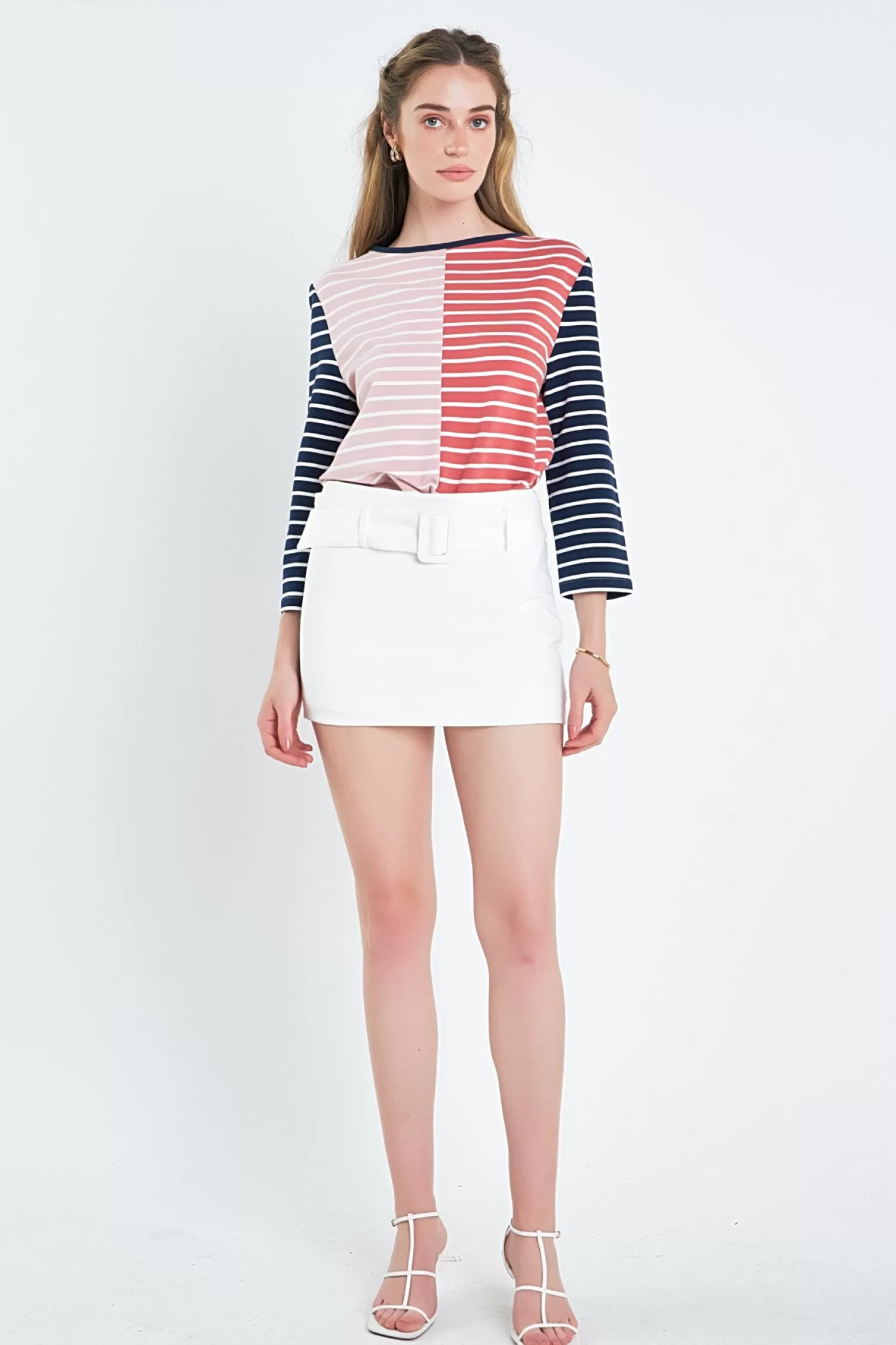 Cheap Striped Color Blocked 3/4 Length Sleeve Tee Tops