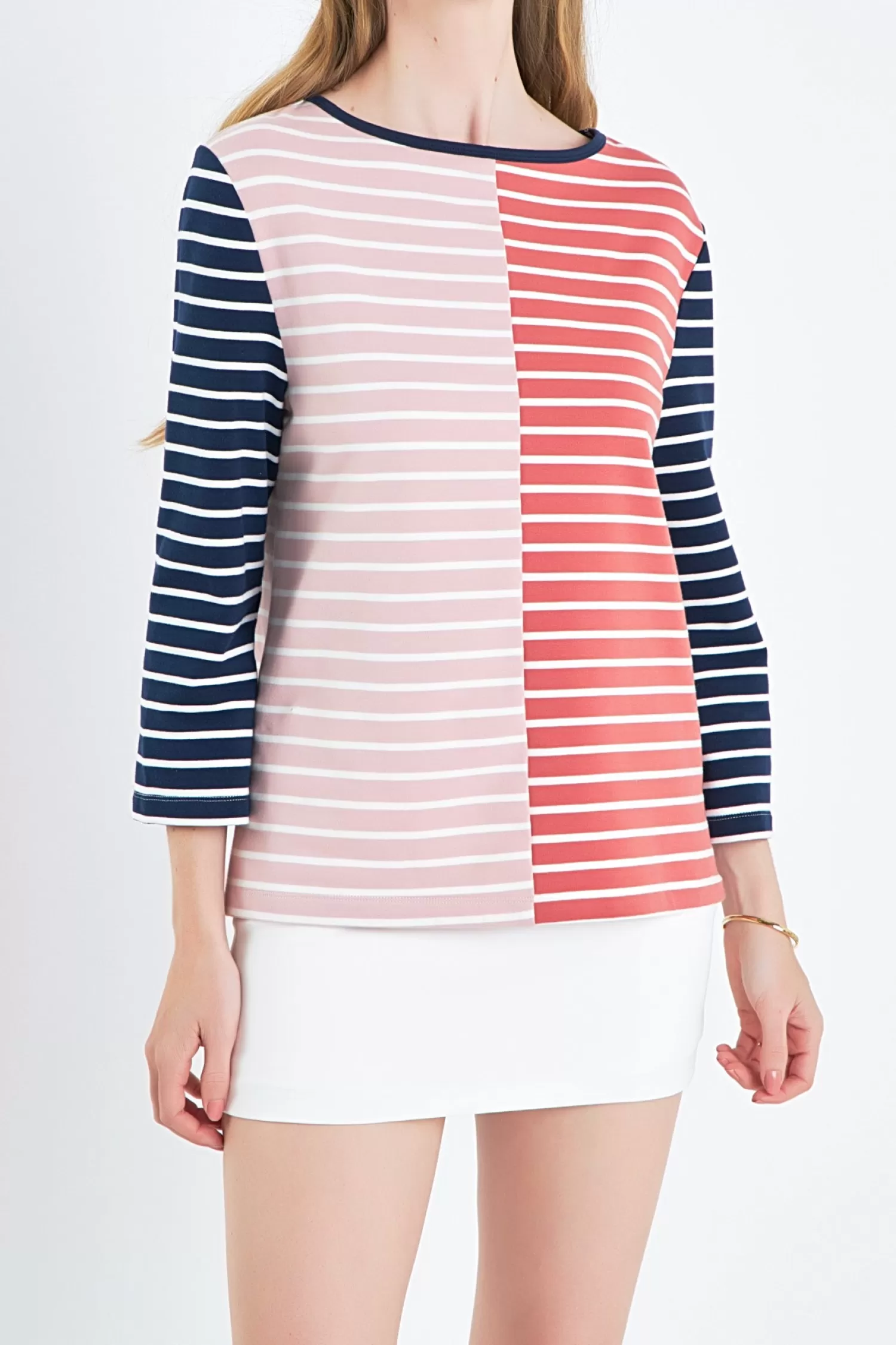 Cheap Striped Color Blocked 3/4 Length Sleeve Tee Tops